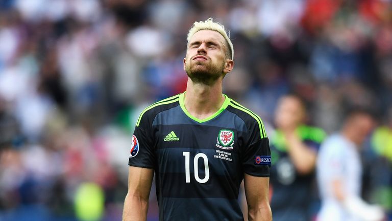 Aaron Ramsey of Wales shows his dejection after his team's 1-2 defeat to England