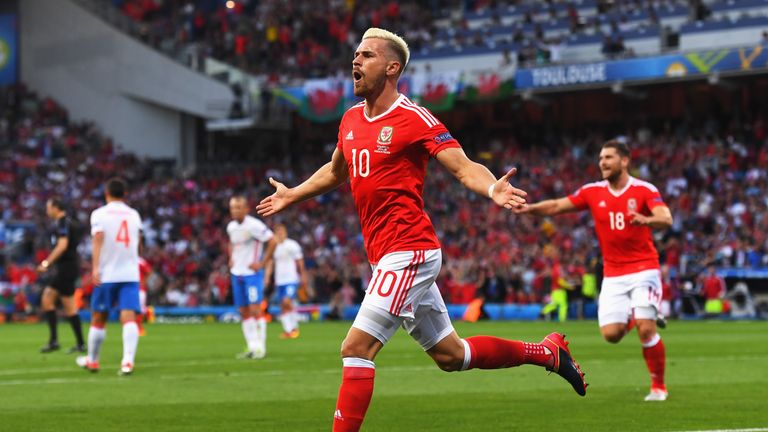 Aaron Ramsey celebrates scoring the opener for Wales against Russia in Toulouse