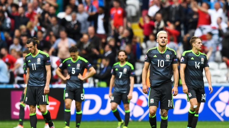(L to R) Gareth Bale, James Chester, Joe Allen, Aaron Ramsey and David Edwards of Wales show their dejection