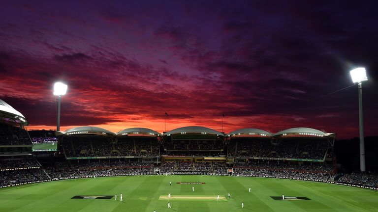 The sun sets over the Adelaide Oval during the first day-night cricket Test match between Australia and New Zealand in Adelaide on November 27, 2015