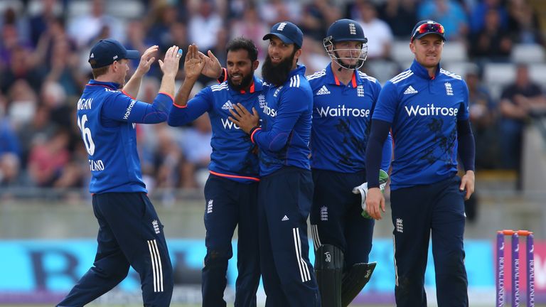 Adil Rashid of England celebrates taking the wicket of Angelo Mathews of Sri Lanka during the 2nd ODI