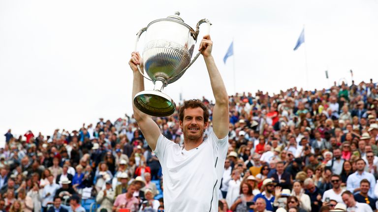 Andy Murray celebrates his record-breaking fifth Queen's title