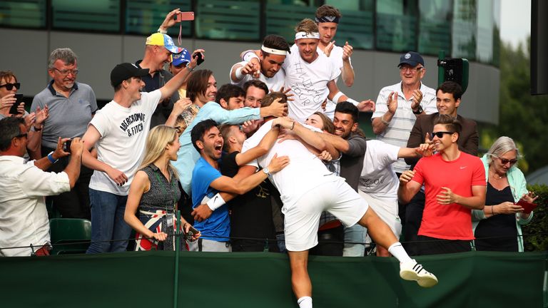 Marcus Willis celebrates victory during the Men's Singles first round match against Ricardas Berankis