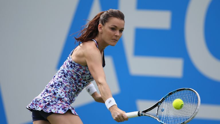 BIRMINGHAM, ENGLAND - JUNE 15: Agnieszka Radwanska of Poland plays a backhand during her women's singles first round match against CoCo Vandeweghe of Unite