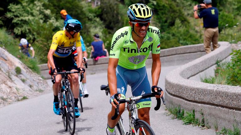 Alberto Contador and Chris Froome in action during Stage 7 of the 2016 Criterium du Dauphine