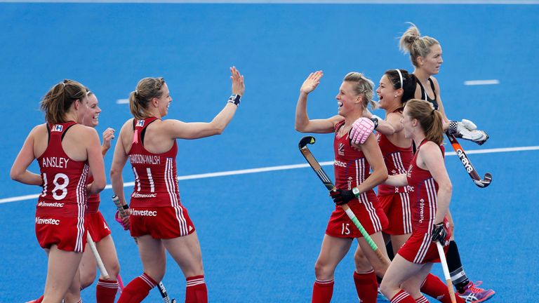 Great Britain's Alex Danson celebrates her third goal against New Zealand