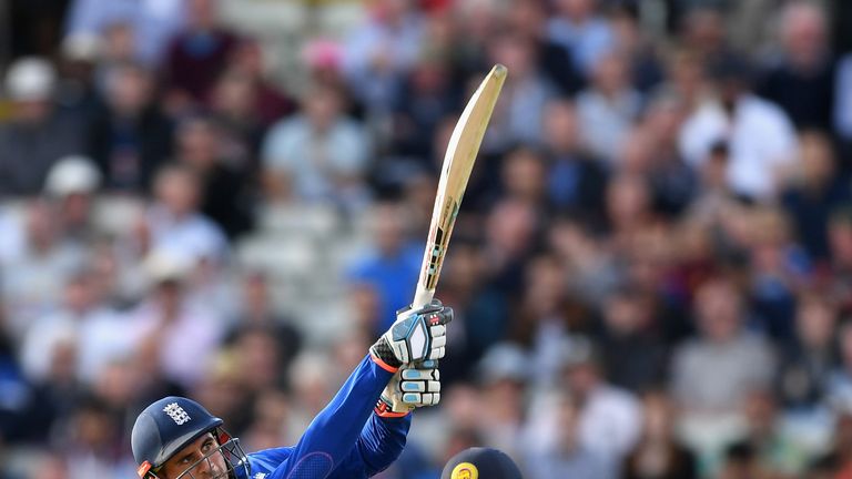 BIRMINGHAM, ENGLAND - JUNE 24:  Alex Hales of England hits out for six runs during the 2nd ODI Royal London One-Day match between England and Sri Lanka at 