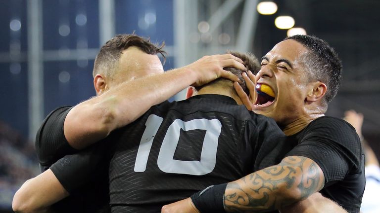 DUNEDIN, NEW ZEALAND - JUNE 25: Aaron Smith celebrates the try of Beauden Barrett of New Zealand during the International Test match between the New Zealan