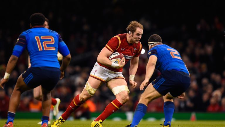 CARDIFF, WALES - FEBRUARY 26:  Alun Wyn Jones of Wales is challenged by Guilhem Guirado of France during the RBS Six Nations match between Wales and France