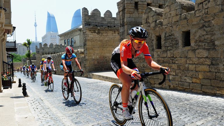 BAKU, AZERBAIJAN - JUNE 20:  Amy Pieters of the Netherlands leads a climb through the Old Town during the Women's Road Race on day eight of the Baku 2015 E