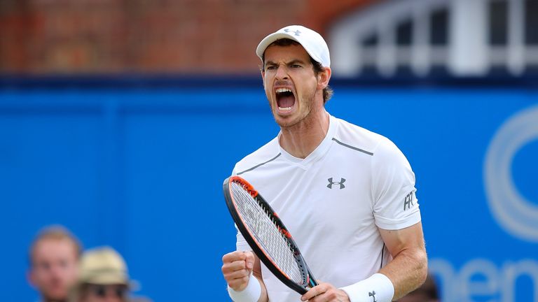 LONDON, ENGLAND - JUNE 19:  Andy Murray of Great Britain celebrates breaking serve in the second set of the final of The Aegon Championships aganist Milos 