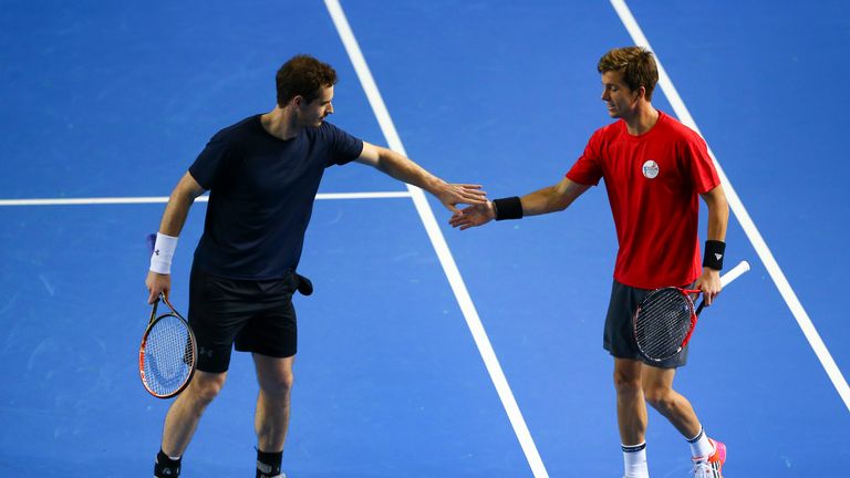 Andy Murray (L) and Aljaz Bedene (R) practised during Great Britain's Davis Cup match with Japan earlier this year