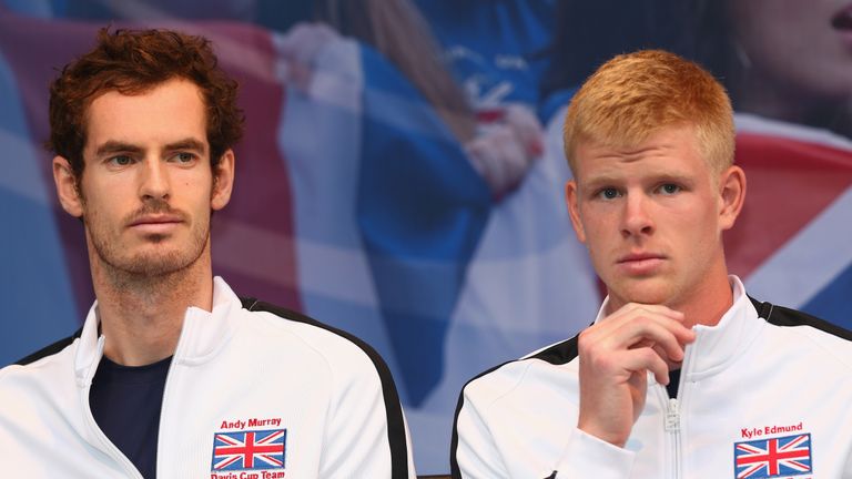 GHENT, BELGIUM - NOVEMBER 26:  Andy Murray and Kyle Edmund of Great Britain listen to proceedings at the draw ceremony ahead of the start of the Davis Cup 