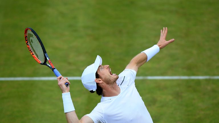 LONDON, ENGLAND - JUNE 17:  Andy Murray of Great Britain serves during his quarter final match against Kyle Edmund of Great Britain on day five of The Aego