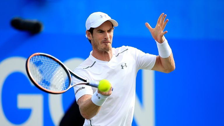 Andy Murray of Great Britain in action during his first round match against Nicolas Mahut of France on day two of the Aegon Cha