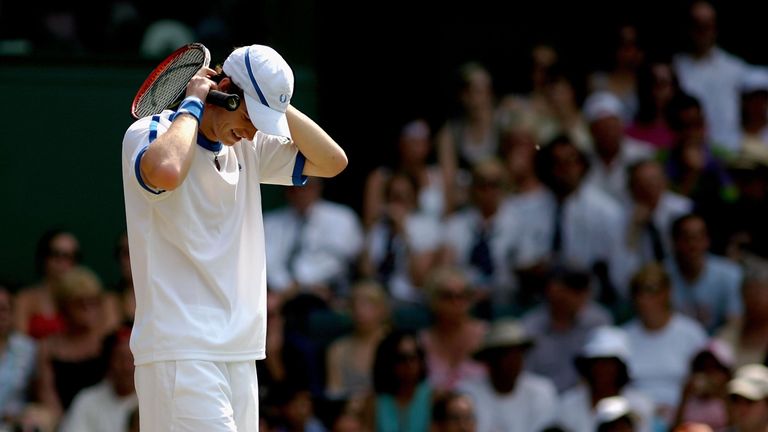 Andy Murray looks frustrated in his match against Marcos Baghdatis at Wimbledon