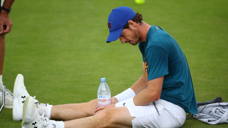LONDON, ENGLAND - JUNE 26:  Andy Murray of Great Britain takes a break during a practice session prior to the Wimbledon Lawn Tennis Championships at the Al