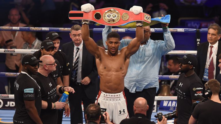 LONDON, ENGLAND - JUNE 25: Anthony Joshua celebrates defeating Dominic Breazeale and retains the IBF World Heavyweight Title at The O2 Arena on June 25, 20