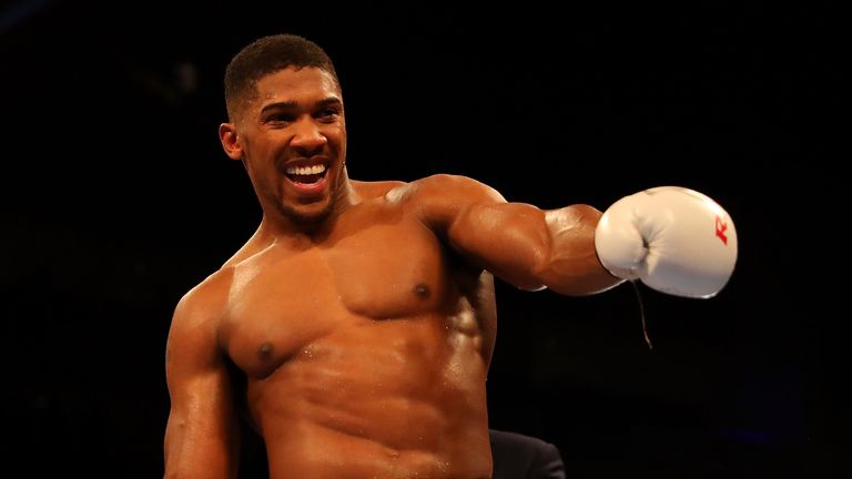 LONDON, ENGLAND - JUNE 25:  Anthony Joshua of Great Britain celebrates after defeating Dominic Breazeale of The USA during their IBF World Heavyweight Cham