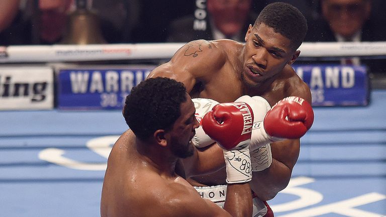 Anthony Joshua forces Dominic Breazeale against the ropes