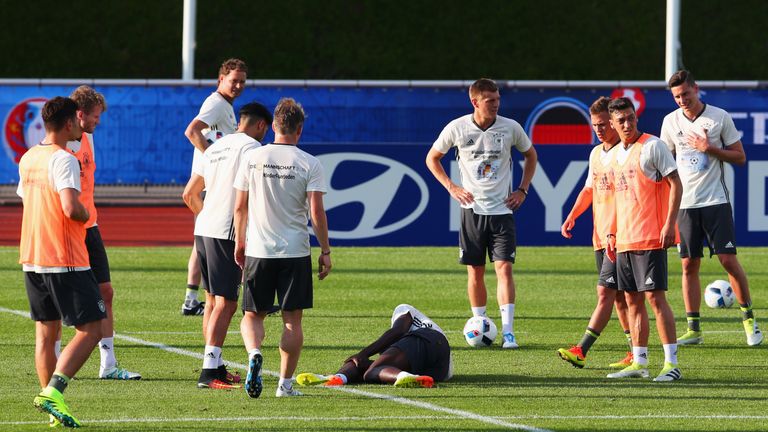 Antonio Rudiger is injured during a Germany training session ahead of the UEFA EURO 2016 at Ermitage Evian on June 7, 2016 in Evian-les-Bains, France.