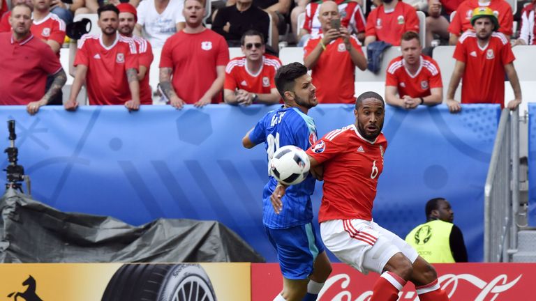 Slovakia's forward Michal Duris vies for the ball against Wales' defender Ashley Williams during the Euro 2016 group B football match between Wales and Slo