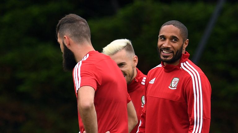 Wales' defender Ashley Williams laughs during a training session in Dinard, France on June 30, 2016