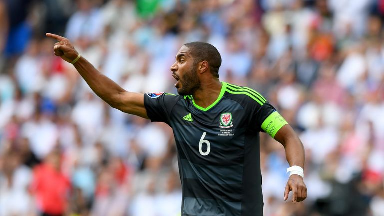 LENS, FRANCE - JUNE 16: Ashley Williams of Wales reacts during the UEFA Euro 2016 Group B match between England and Wales at Stade Bollaert-Delelis on June