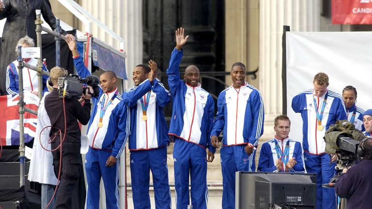 Jason Gardner, Darren Campbell, Marlon Devonish and Mark Lewis Francis (Photo by David Lodge/Getty Images)