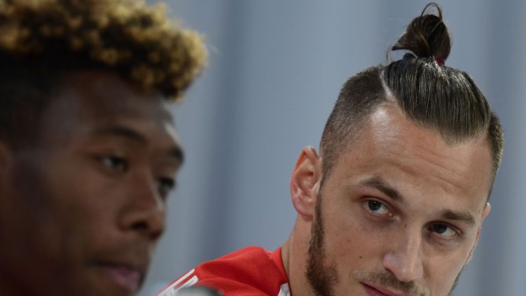 Austria's midfielder David Alaba (L) and Austria's forward Marko Arnautovic hold a press conference at their training ground in Mallemort, southern France,
