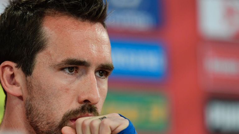 Austria's defender and team captain Christian Fuchs holds a press conference at their training ground in Mallemort, on June 15, 2016, during the Euro 2016 