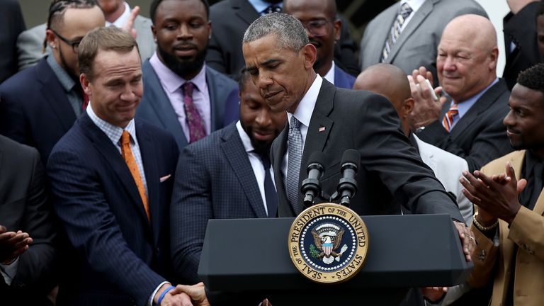 Barack Obama hosts Denver Broncos at White House