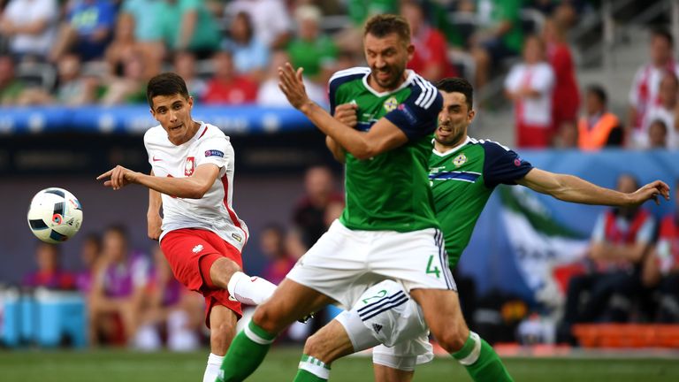 Poland's Bartosz Kapustka shoots at goal during their clash with Northern Ireland