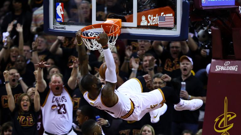 LeBron James #23 of the Cleveland Cavaliers dunks in the second half against the Golden State Warriors in Game 6 of the 2016 NBA Finals