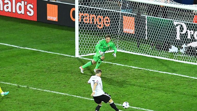 Bastian Schweinsteiger scores Germany's second goal against Ukraine