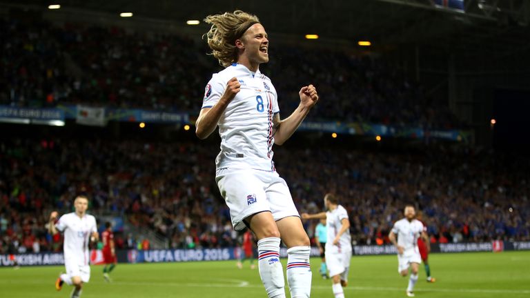 Birkir Bjarnason of Iceland celebrates scoring his team's first goal 