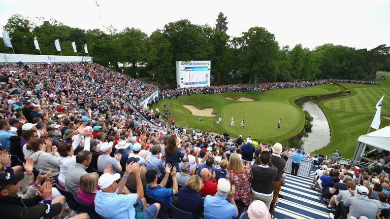 VIRGINIA WATER, ENGLAND - MAY 29:  General View as Chris Wood of England celebrates victory on the 18th green during day four of the BMW PGA Championship a
