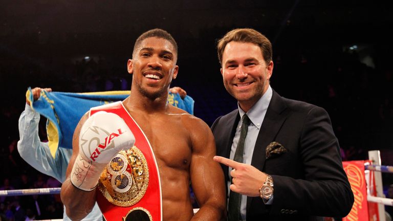 Anthony Joshua, pictured with his promoter Eddie Hearn, now has to decide who he faces next.