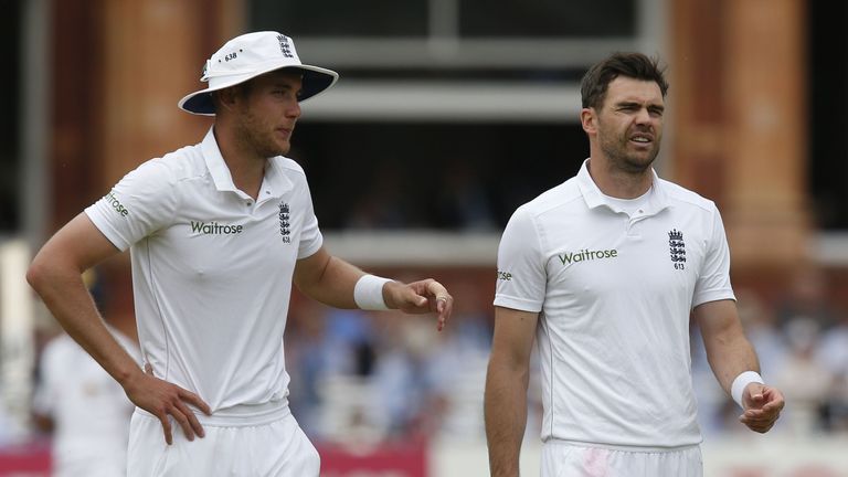 England's Stuart Broad (L) talks to England's James Anderson in the field during play on the third day of the third test cricket match between England and 