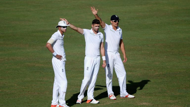 Stuart Broad, James Anderson and England captain Alastair Cook set the field during day three of the 2nd test ma