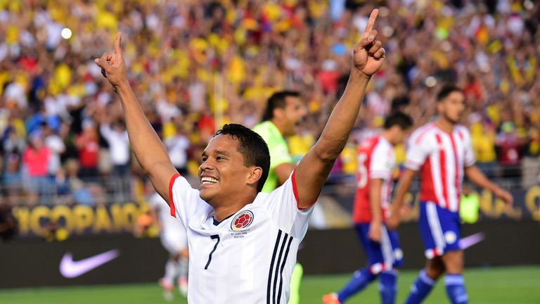 Colombia's Carlos Bacca celebrates after scoring