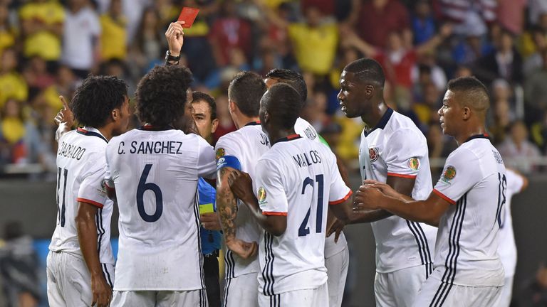 Colombia's Carlos Sanchez saw red after picking up two yellow cards