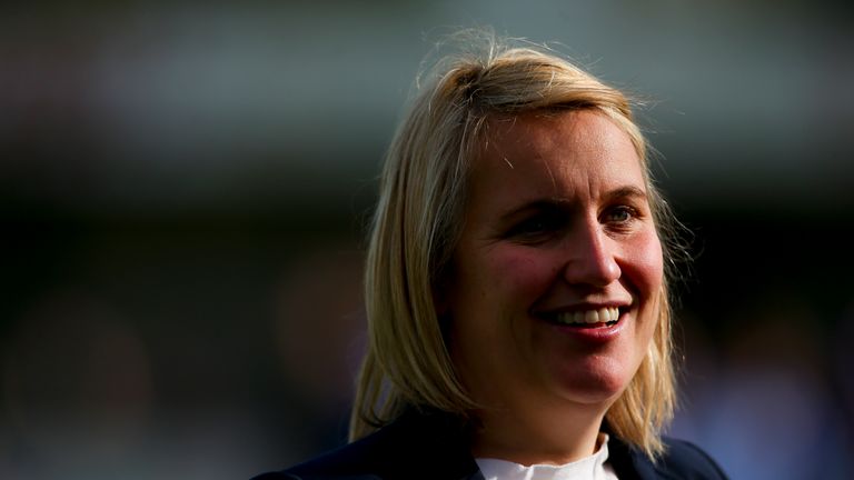 Emma Hayes, manager of Chelsea Ladies looks on after their victory in the SSE Women's FA Cup Semi-final match between Chelsea