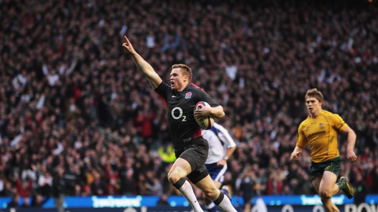 England's Chris Ashto celebrates before scoring a try during the Autumn International rugby union match against Australia at Twickenham Stadium, southwest 