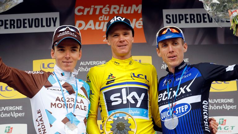 Romain Bardet, Chris Froome and Dan Martin on the final podium of the 2016 Dauphine Libere