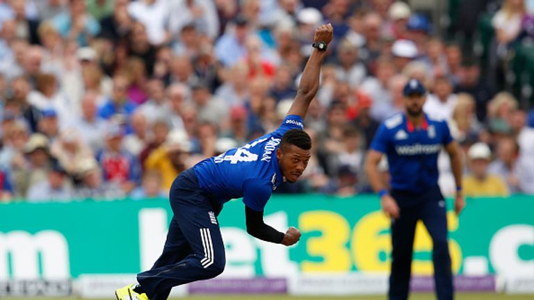 BRISTOL, ENGLAND - JUNE 26: Chris Jordan of England bowls during The 3rd ODI Royal London One-Day match between England and Sri Lanka at The County Ground 
