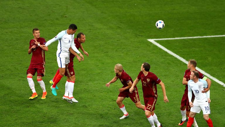 Chris Smalling of England heads the ball during the UEFA EURO 2016 Group B match between England and Russia at Stade Velodrome