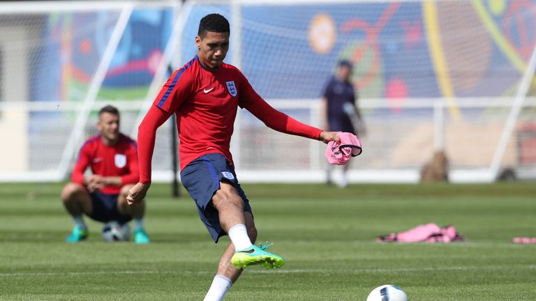 England's Chris Smalling during a training session at Stade de Bourgognes, Chantilly.