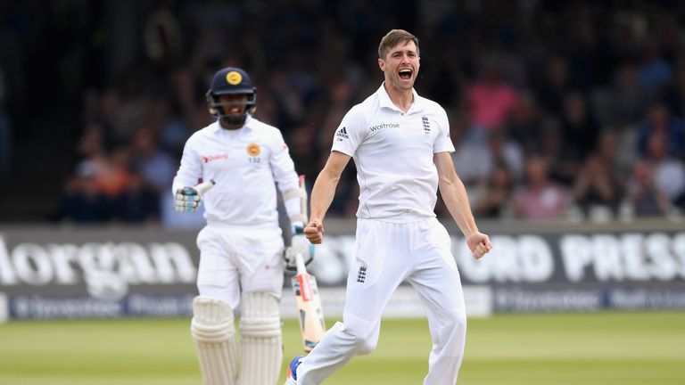 Chris Woakes of England celebrates dismissing Kusal Mendis of Sri Lanka during day three of the third Test