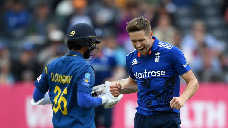 BRISTOL, ENGLAND - JUNE 26:  Chris Woakes of England celebrates dismissing Dinesh Chandimal of Sri Lanka during the 3rd ODI Royal London One Day Internatio